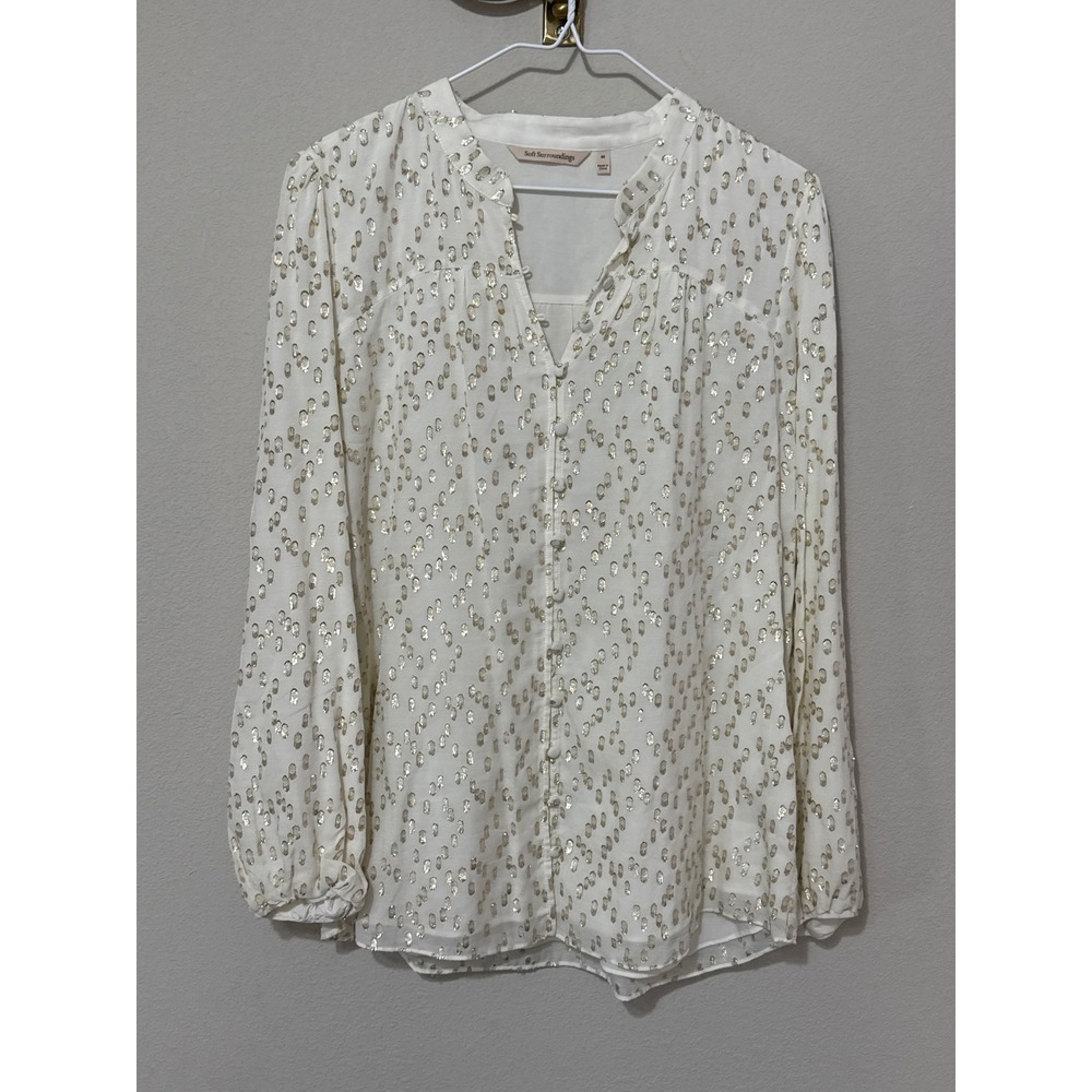 Soft Surroundings Blouse Womens Medium Ivory Gold Metallic Clip Dot Top